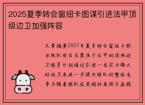 2025夏季转会窗纽卡图谋引进法甲顶级边卫加强阵容 2025夏季转会窗纽卡图谋引进法甲顶级边卫加强阵容